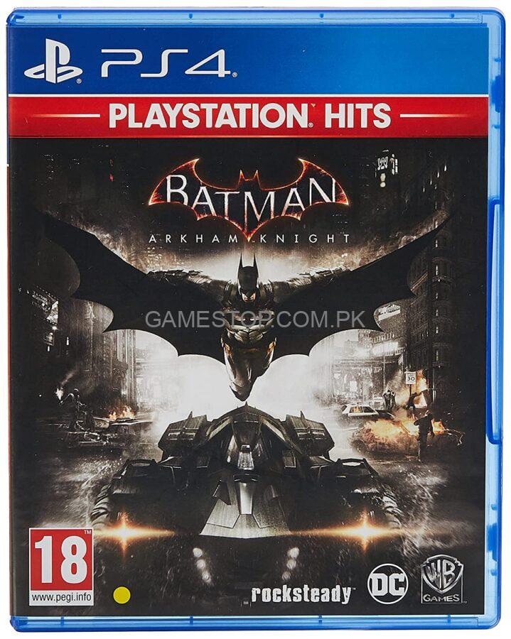 Batman: Arkham Knight PS4 game cover with Batman emblem, Batmobile, dark Gotham City background, and PlayStation Hits branding