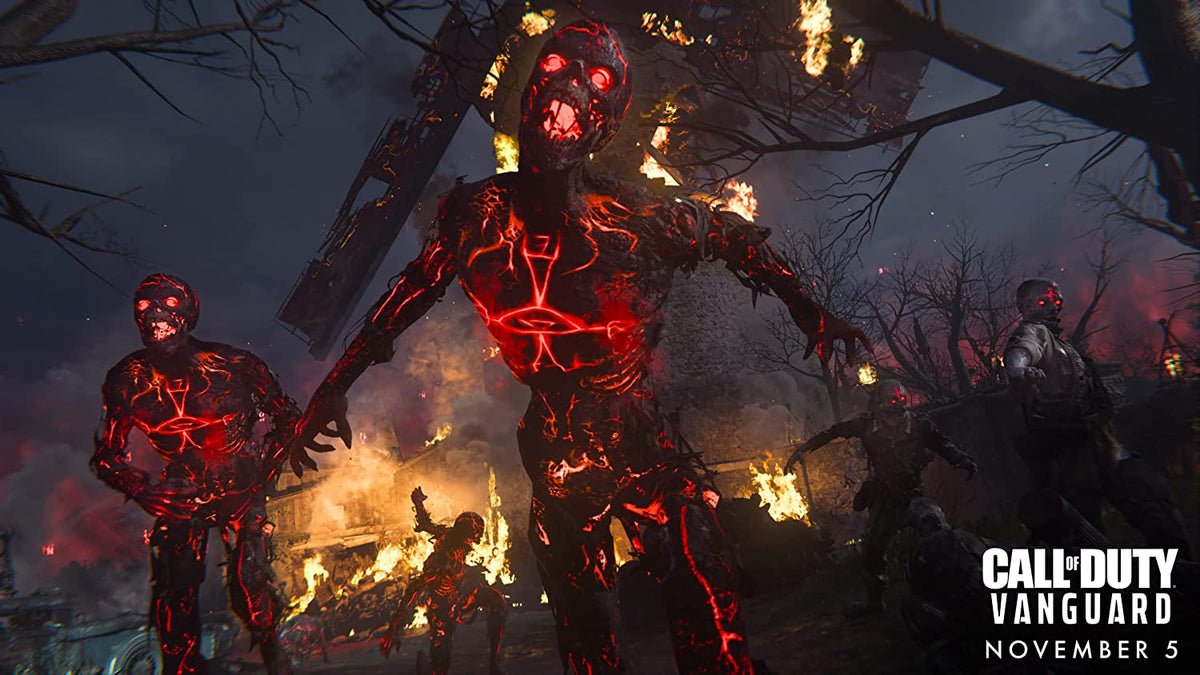 Video game cover art for Call of Duty Vanguard featuring fiery red and black glowing zombies with menacing expressions in a dark, burning forest scene.