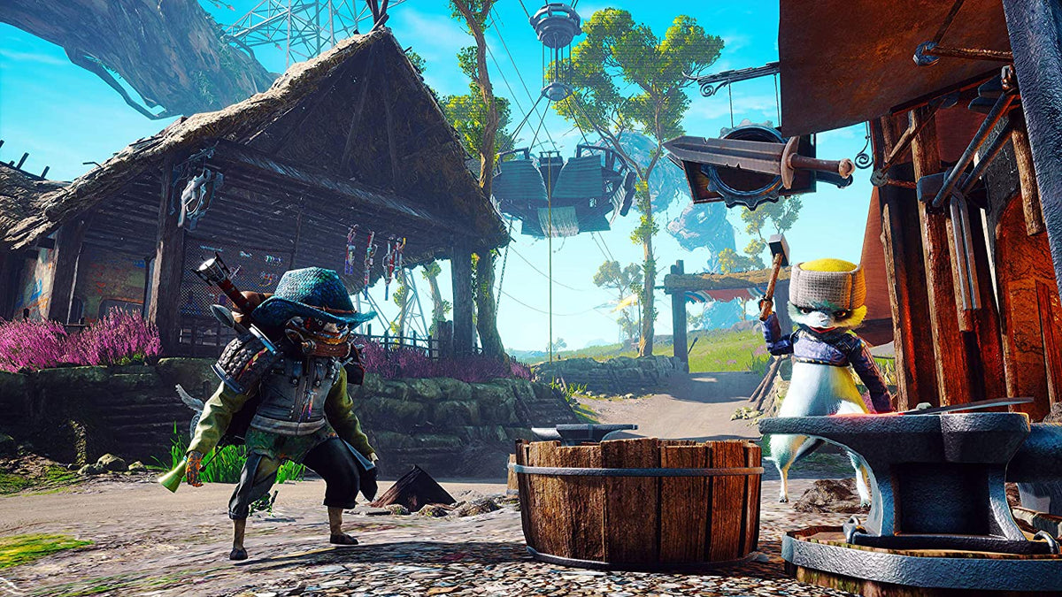 Video game screenshot from Biomutant PS4 featuring two anthropomorphic animal characters in detailed armor near rustic wooden buildings in a vibrant outdoor setting.