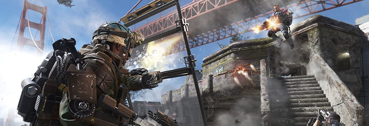 Call of Duty Advanced Warfare gameplay scene showing futuristic soldiers in combat with advanced weaponry and exoskeletons near a bridge.