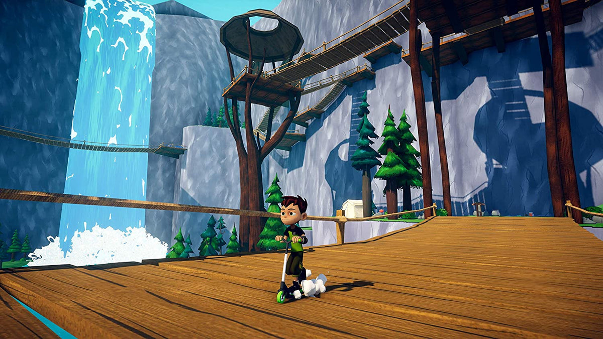 Ben 10 Power Trip game screenshot showing a cartoon boy character on a green and black scooter on a wooden bridge near a large waterfall and rocky cliffs.