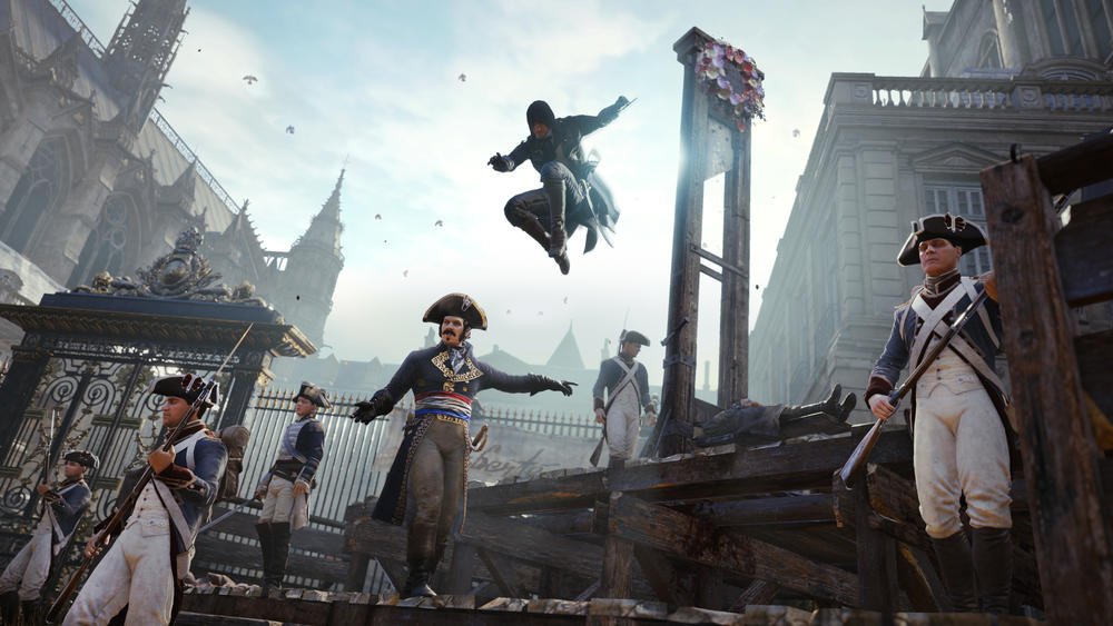 Assassins Creed Unity game screenshot showing a hooded assassin in dark blue and black leather outfit leaping above soldiers in historical military uniforms near a guillotine.