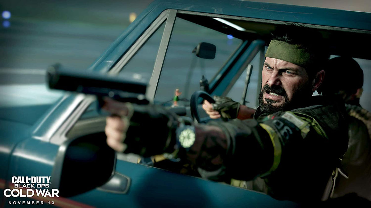 Call of Duty: Black Ops Cold War game scene showing a soldier in green bandana aiming a pistol from a blue vehicle window.