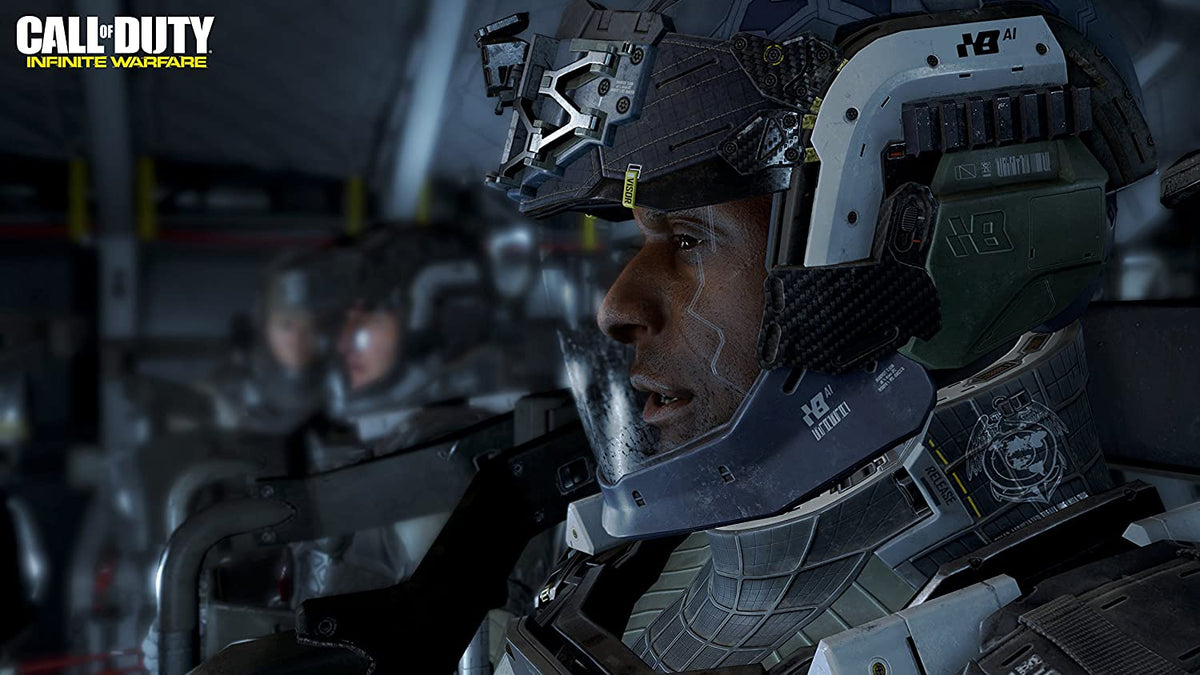 Call of Duty: Infinite Warfare features a close-up of a soldier wearing futuristic dark grey and black tactical helmet and armor with illuminated tech details.