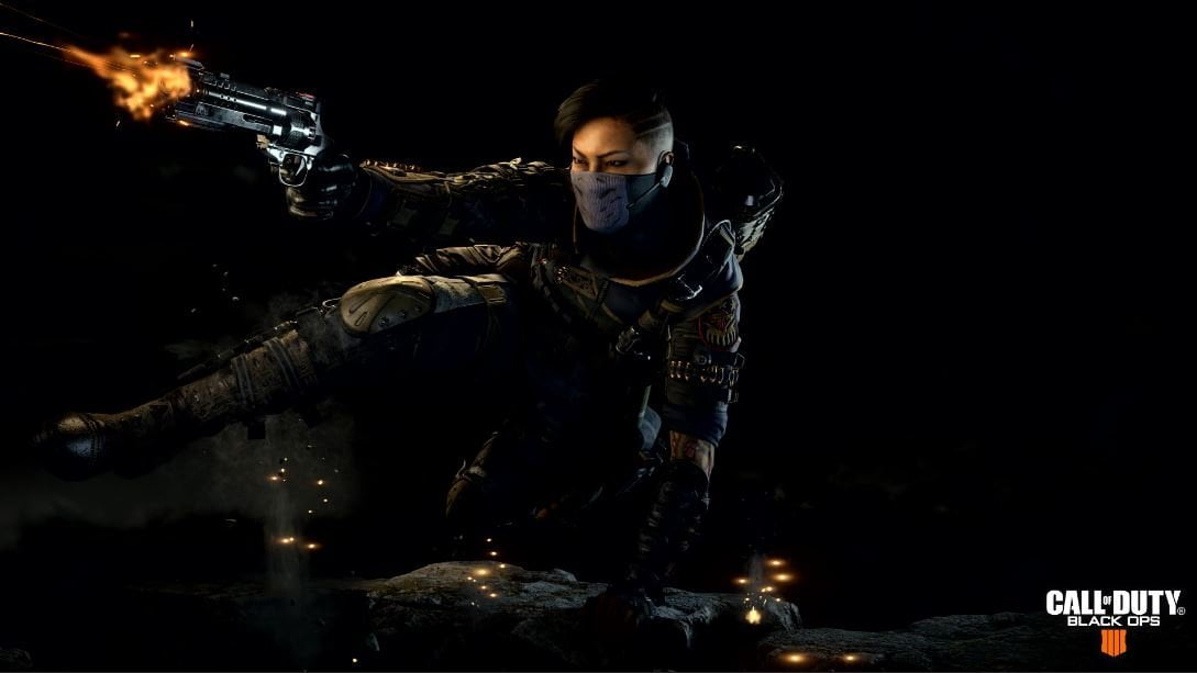 Call of Duty Black Ops 4 action game cover featuring a masked character firing a pistol in tactical gear against a dark background.