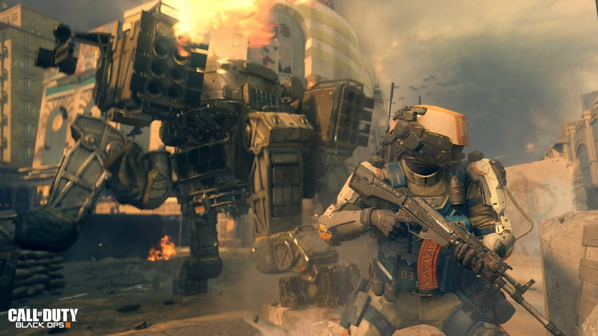 Call of Duty: Black Ops III featuring futuristic soldier in armor with advanced helmet and mechanical robot in a war zone setting.