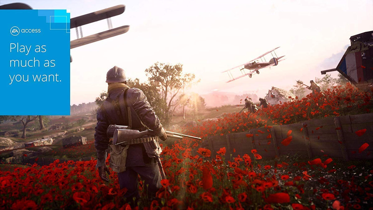 Battlefield 1 PS4 shows a soldier in vintage uniform with rifle standing in a red poppy field during a biplane dogfight in the sky.