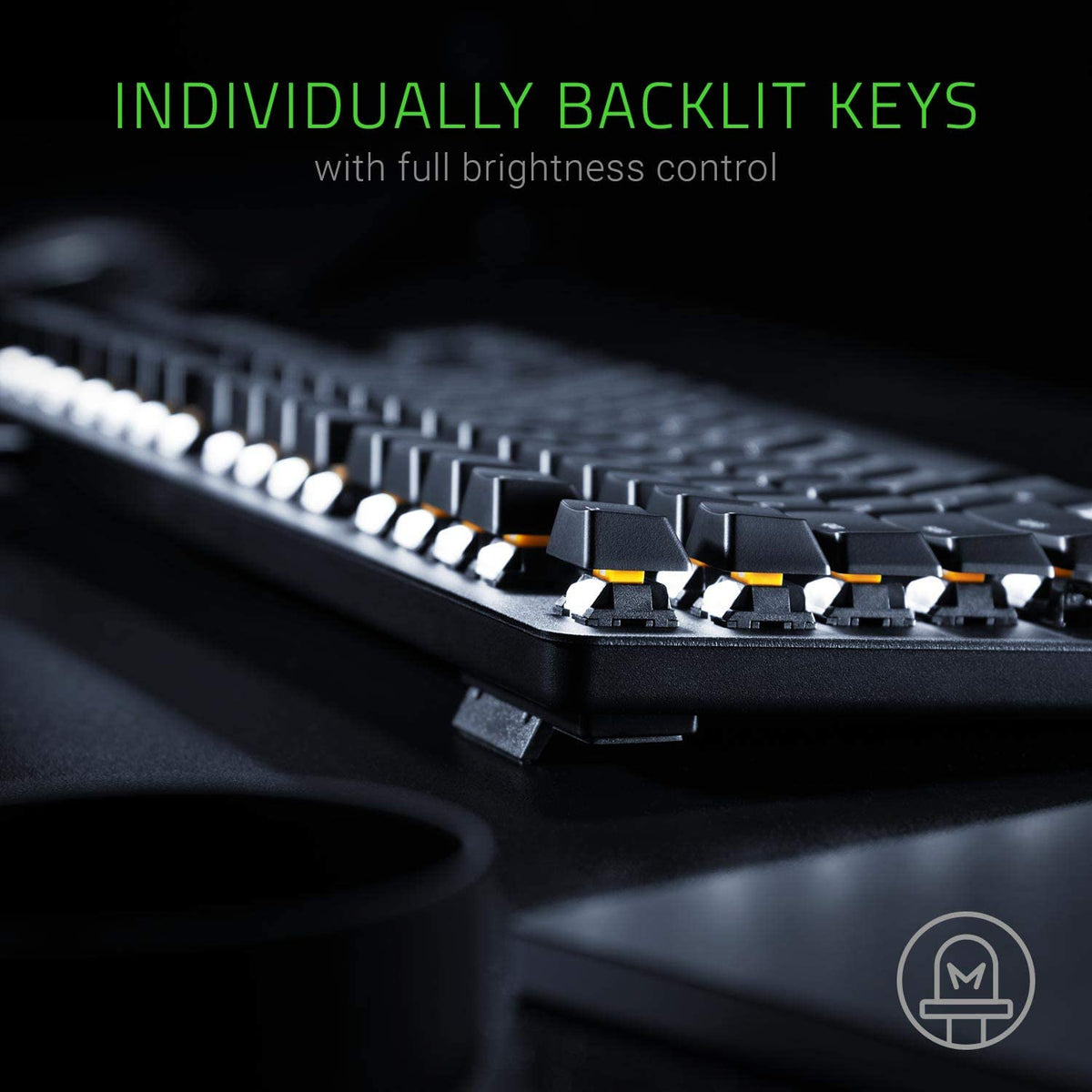 BlackWidow Lite mechanical keyboard with black plastic frame, orange key switches, and white individually backlit keys with adjustable brightness