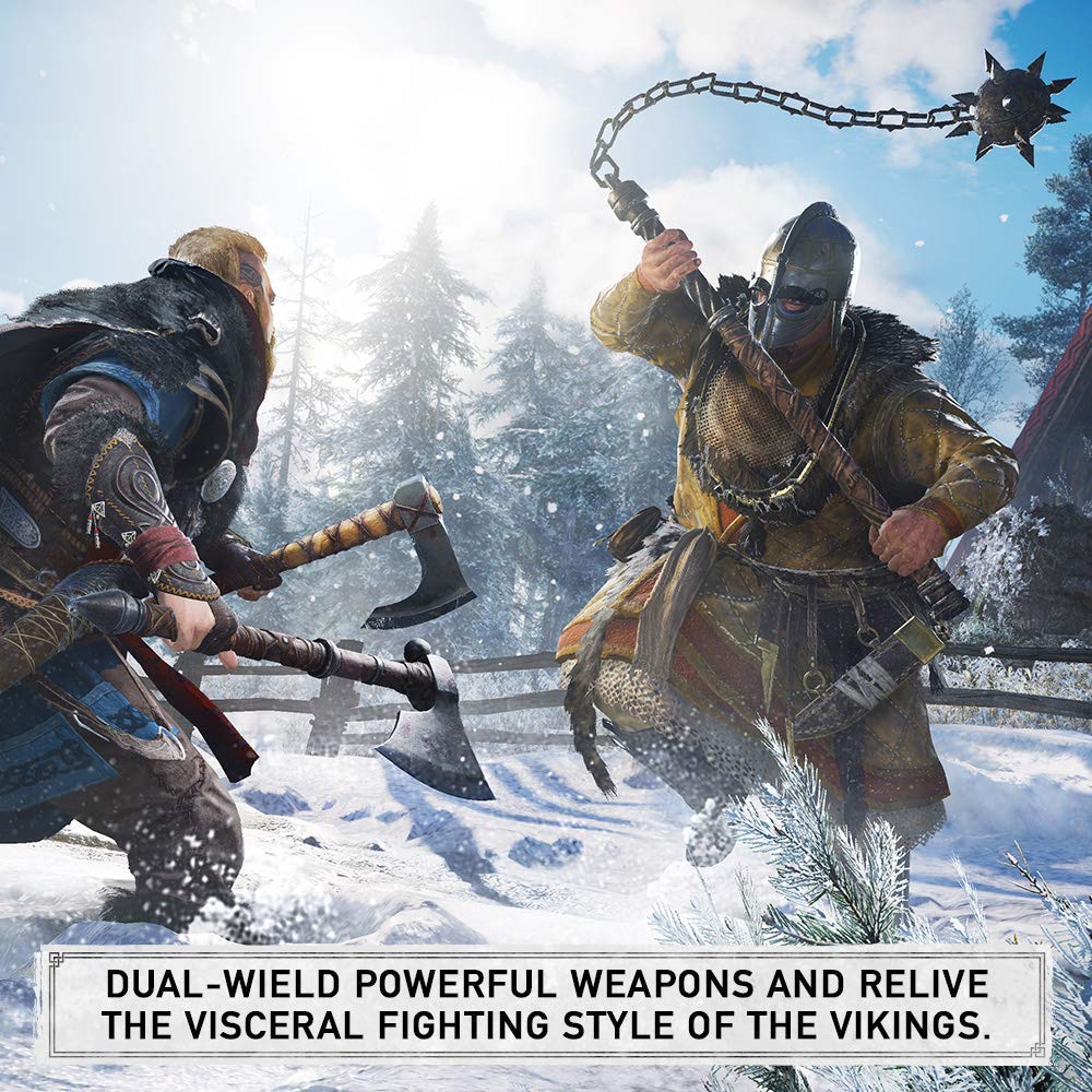 Assassin’s Creed Valhalla showing two Viking warriors in fur-lined leather armor wielding axes and a spiked flail weapon in snowy forest battle scene.