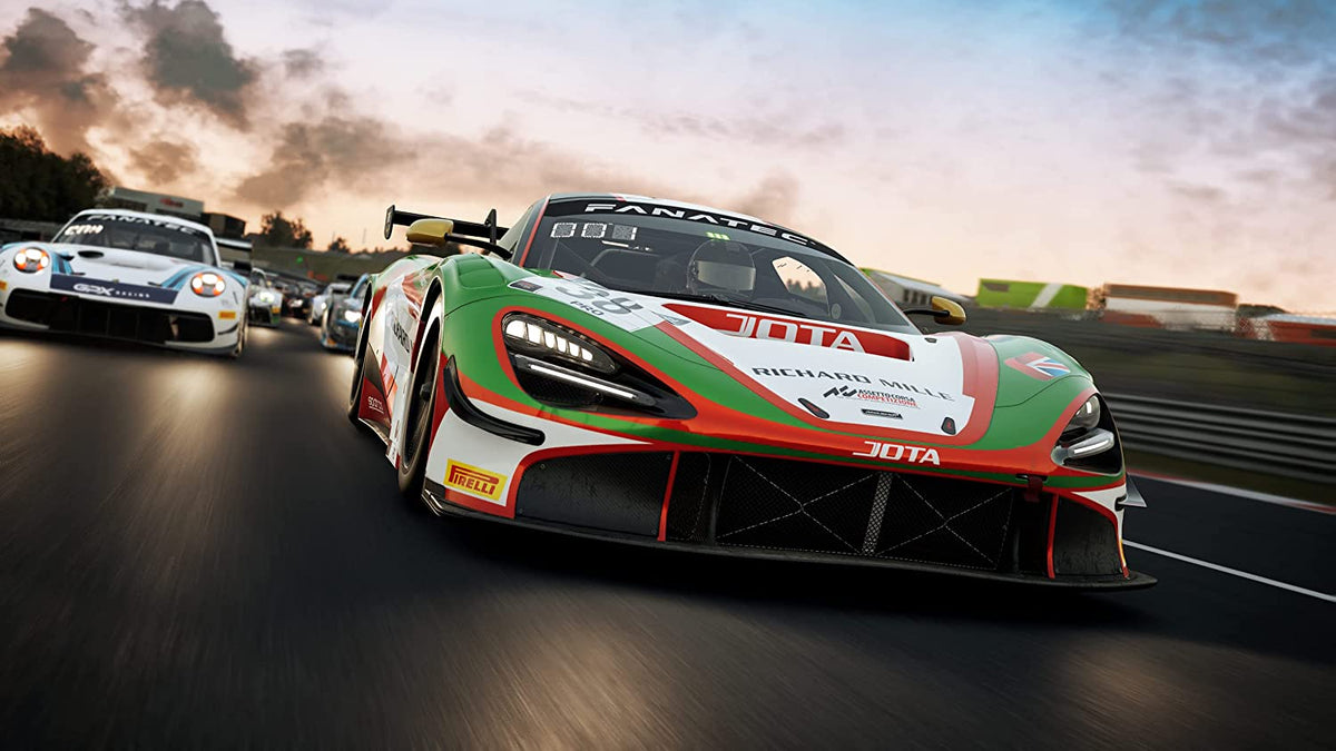 High-performance race cars in green, white, and red with racing decals speeding on a track in Assetto Corsa Competizione.