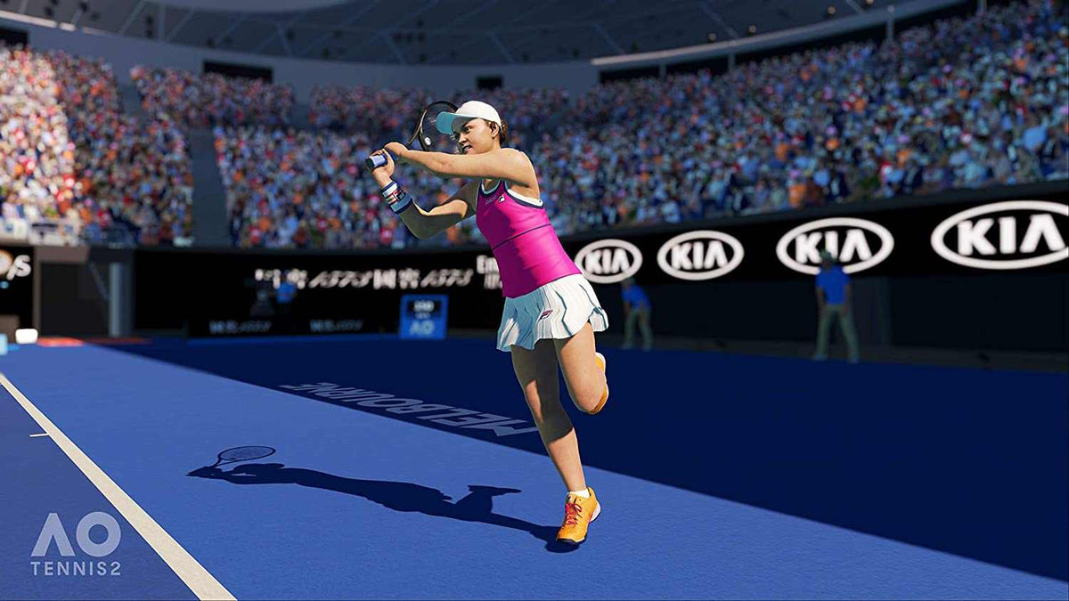 AO Tennis 2 featuring a female tennis player in a pink sleeveless top, white skirt, and orange shoes on a blue tennis court.