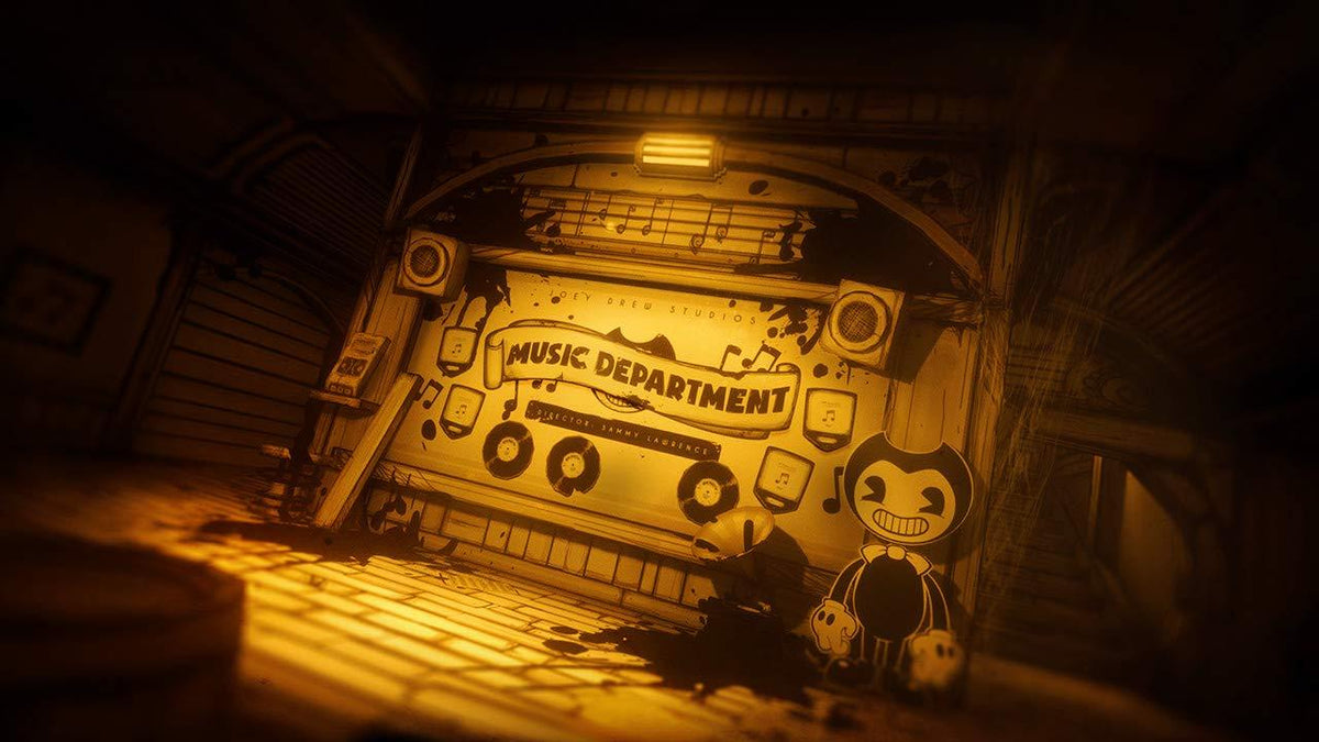 Bendy and the Ink Machine scene featuring a sepia-toned cartoon character and vintage music department sign with musical notes and records