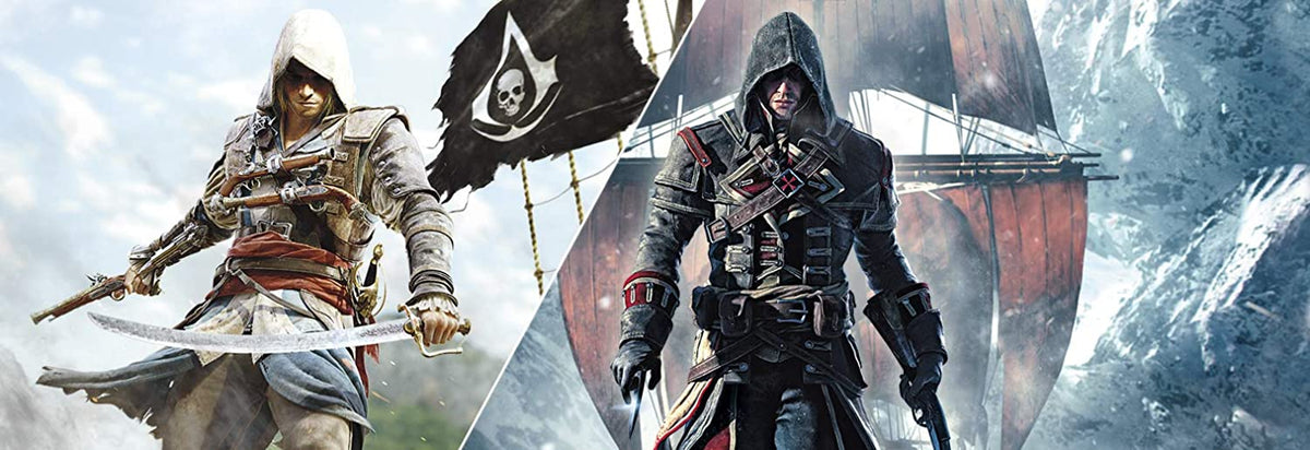 Nintendo Switch game cover featuring two hooded assassins in detailed leather and cloth pirate attire, with a black pirate flag and a ship in the background, showcasing Assassin's Creed Black Flag and Assassin's Creed Rogue.