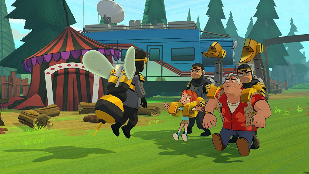 Ben 10 PS4 gameplay screenshot showing animated characters in colorful costumes in an outdoor campsite setting.