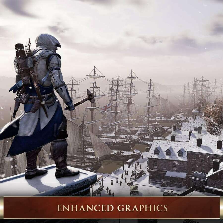 Assassin's Creed III character in blue and white hooded outfit overlooking snowy colonial harbor with multiple sailing ships and buildings.
