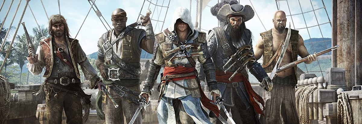 Assassin's Creed IV Black Flag features five pirate characters in diverse rugged clothing with weapons including swords and guns on a ship deck.