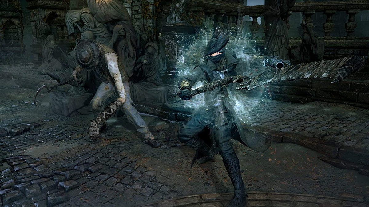 Bloodborne Game of The Year Edition showing a dark-clad hunter wielding a glowing weapon battling a twisted humanoid creature in a gothic stone courtyard.