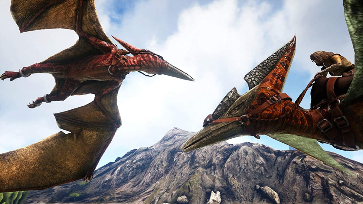 Flying dinosaurs in ARK Survival Evolved with brown and orange leathery wings, one ridden by a character wearing brown gear.