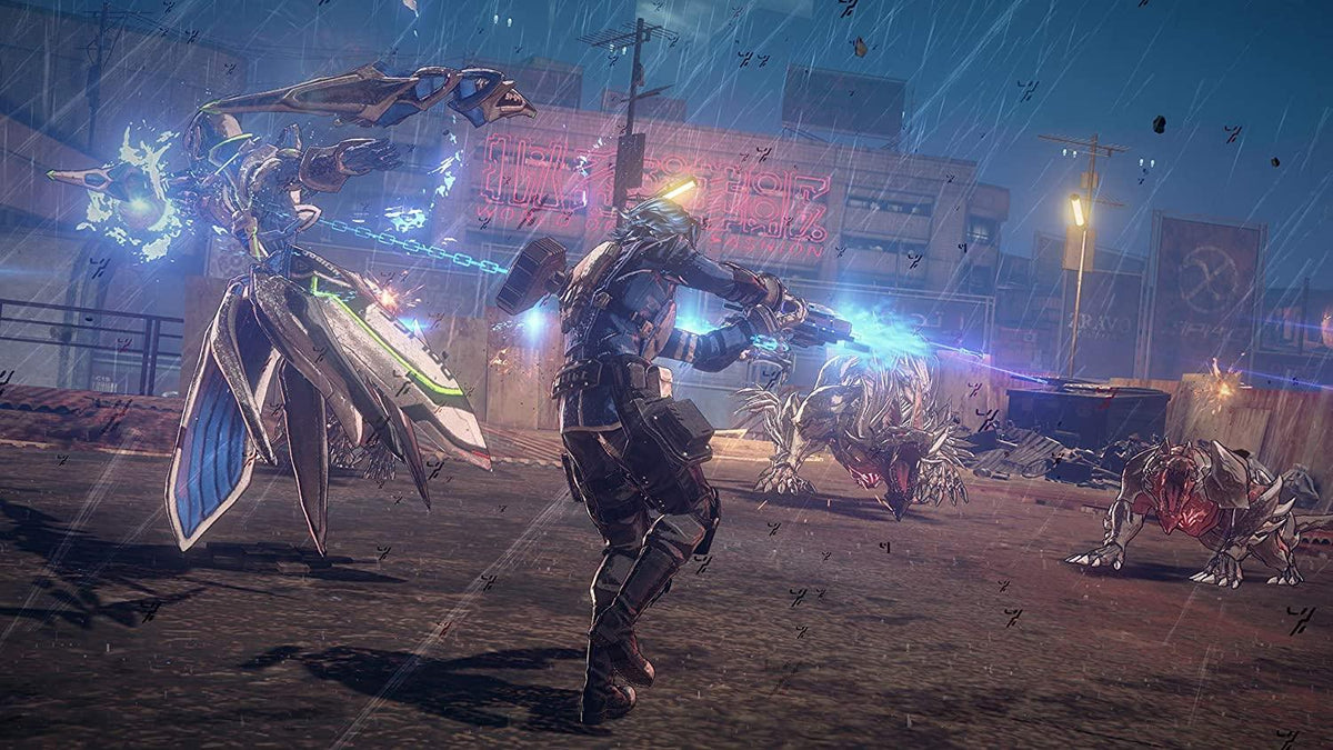 Action scene from Astral Chain Nintendo Switch showing a futuristic armored character wielding a glowing blue weapon battling two robotic dog-like creatures and a winged drone in a rainy urban environment.