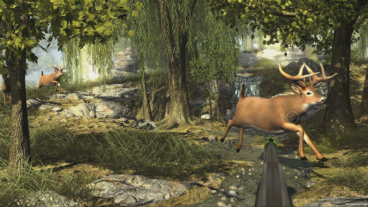 Big Buck Hunter Arcade gameplay screenshot showing a brown deer running in a green forest with a gun barrel aiming at it.