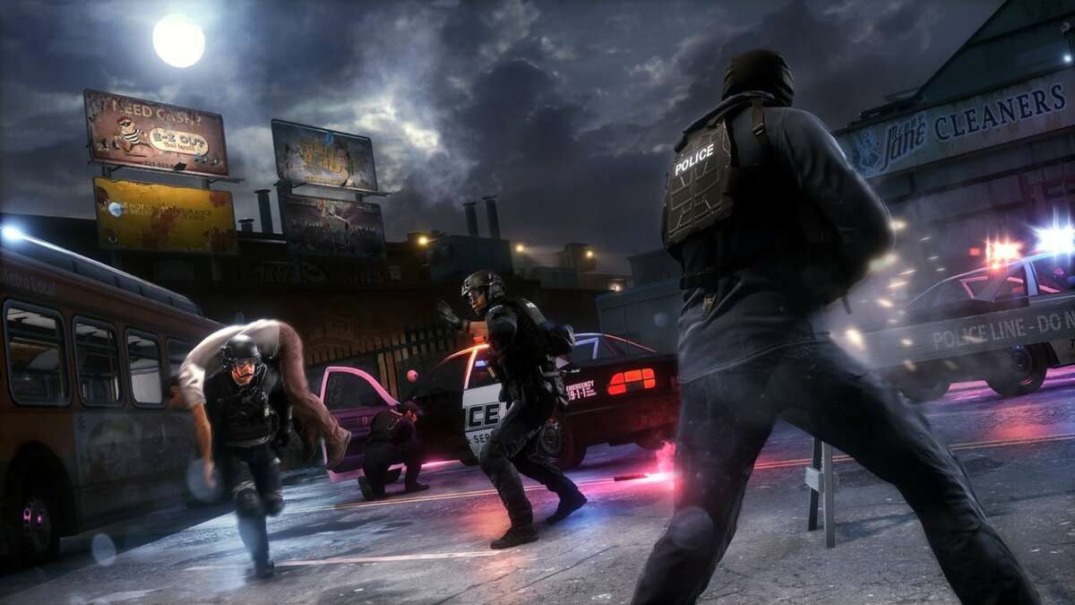 Battlefield Hardline PS4 cover showing SWAT police officers in black tactical gear arresting a suspect during a night-time urban raid.