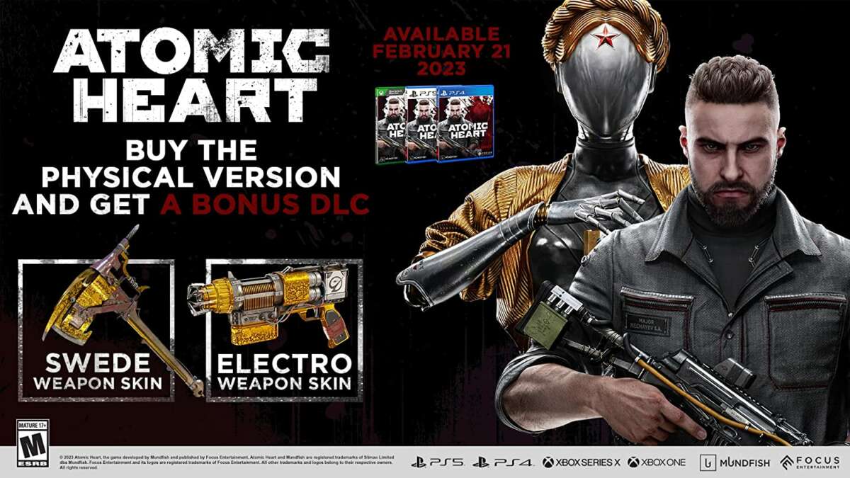Atomic Heart PS5 game cover featuring a man with a rifle and a robotic figure with a red star on its forehead, promoting bonus DLC weapon skins.