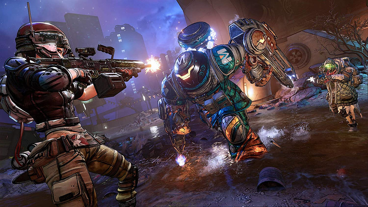 Borderlands 3 PS4 action scene with armored characters in combat gear firing weapons in a post-apocalyptic urban setting.