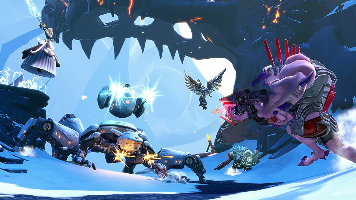 Battleborn PS4 gameplay scene with diverse futuristic characters battling in a snowy, rocky environment under a giant skeletal arch.