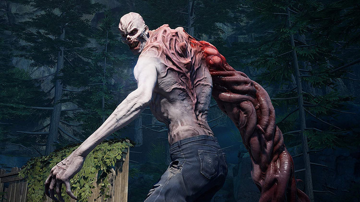 Back 4 Blood PS5 monstrous creature with fleshy mutated right arm and pale muscular body in dark forest environment.
