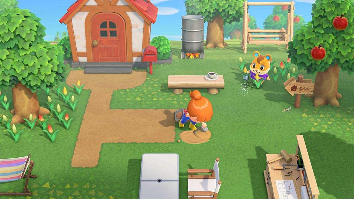 Animal Crossing: New Horizons gameplay scene with a character gardening near a small house, apple trees, and outdoor furniture on a grassy island.