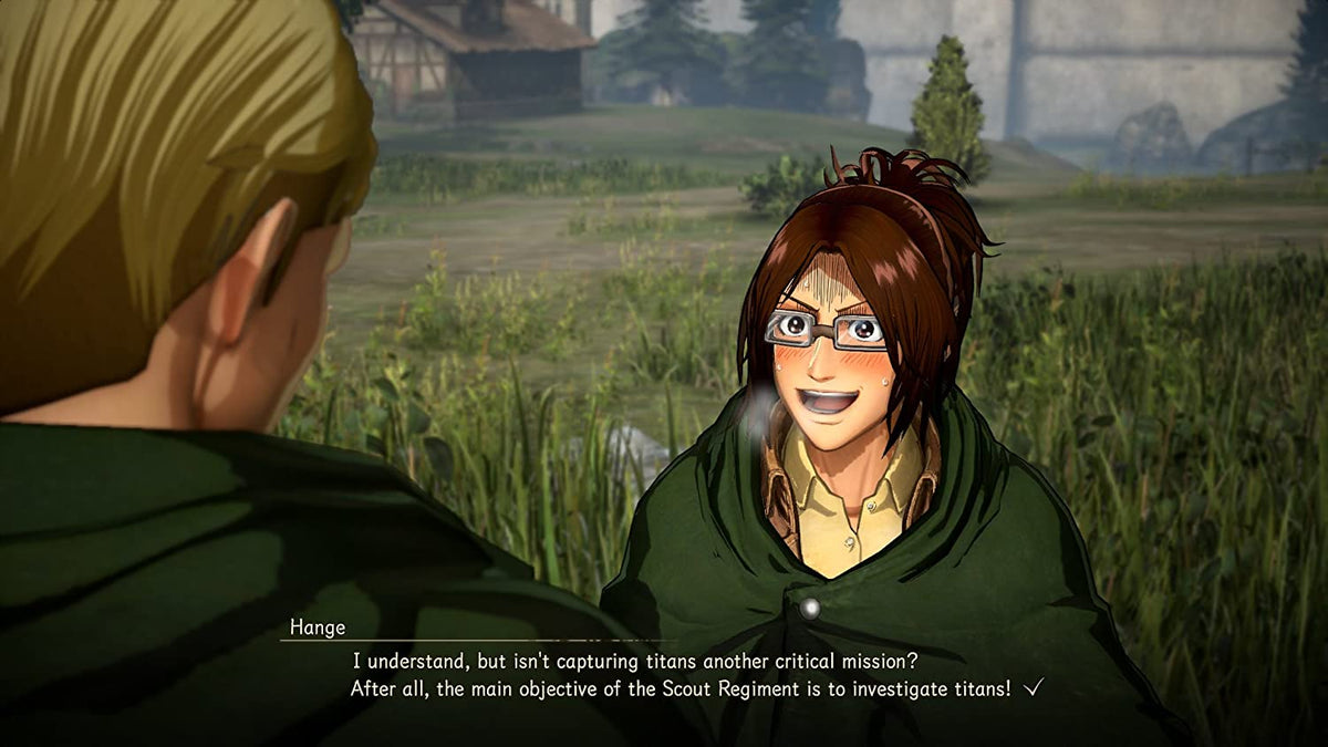 Attack on Titan 2 showing two characters with green cloaks and anime-style animation, one wearing glasses and a tan shirt.