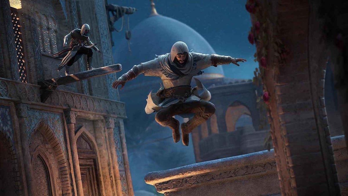 Action game cover for Assassin’s Creed Mirage featuring a white-hooded assassin jumping between ancient stone buildings at night.