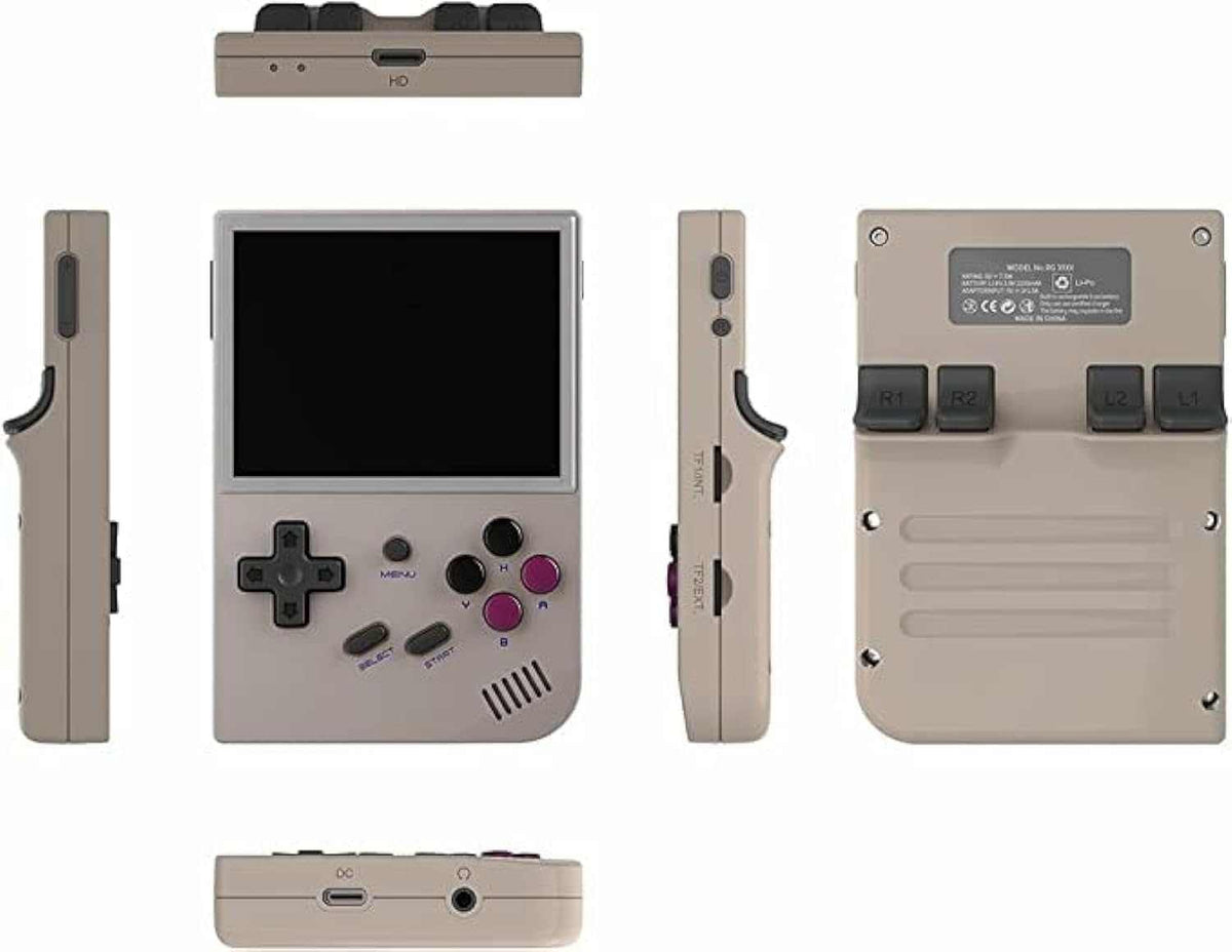 ANBERNIC RG35XX handheld game console in beige with black buttons, directional pad, and purple action buttons shown from multiple angles