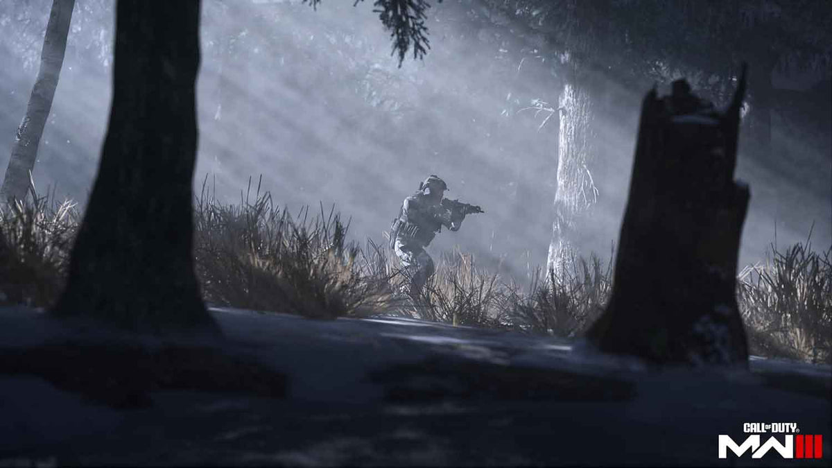 Call of Duty Modern Warfare III gameplay scene showing a soldier in gray tactical gear aiming a weapon in a foggy forest environment.