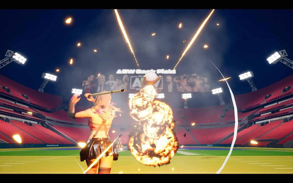 AEW Fight Forever video game screenshot showing a female wrestler with a baton and fiery explosion in a stadium arena.