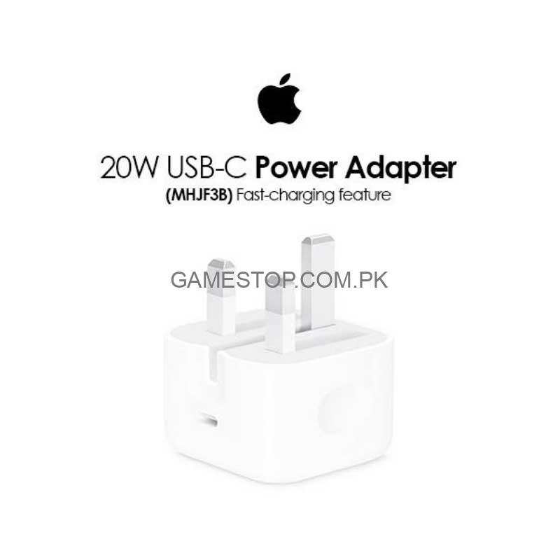 Apple 20W USB-C Power Adapter in white with compact square design and UK three-pin plug for fast charging devices