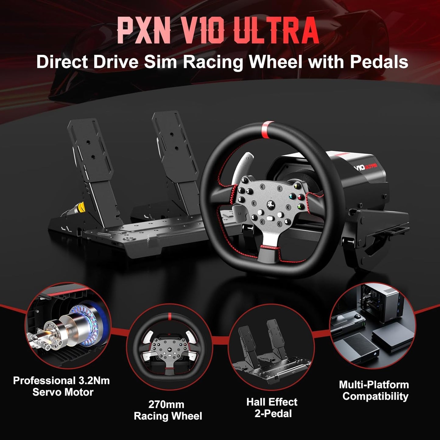 PXN V10 Ultra Direct Drive Racing Wheel for PC, PS4, Xbox Series X|S & Xbox One